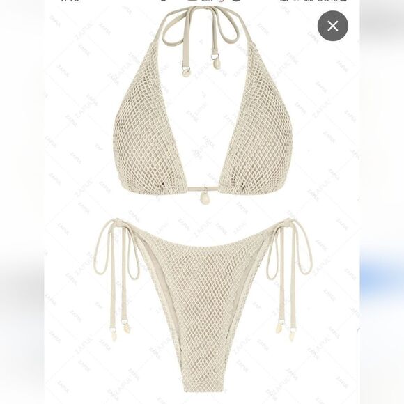 ZAFUL Women Bikini Set Two Piece Textured Beaded Tie Back Halter Cheeky Swimsuit - Picture 5 of 15